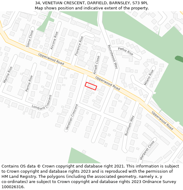 34, VENETIAN CRESCENT, DARFIELD, BARNSLEY, S73 9PL: Location map and indicative extent of plot