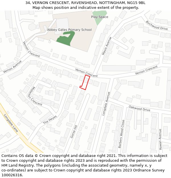 34, VERNON CRESCENT, RAVENSHEAD, NOTTINGHAM, NG15 9BL: Location map and indicative extent of plot