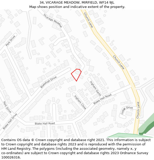 34, VICARAGE MEADOW, MIRFIELD, WF14 9JL: Location map and indicative extent of plot