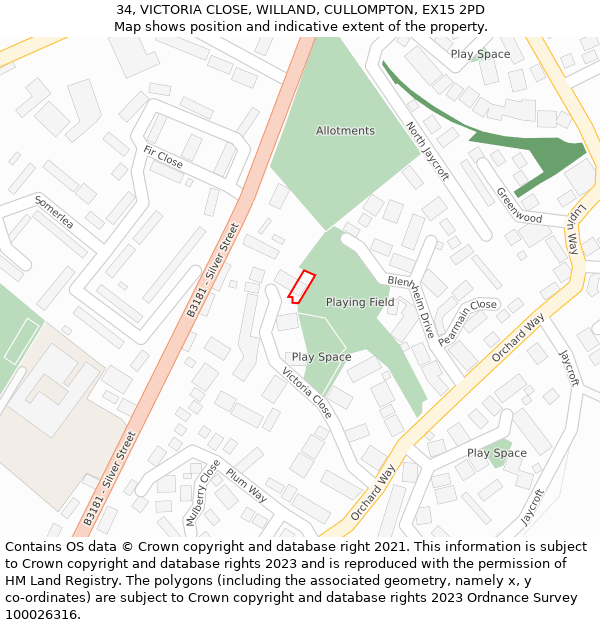 34, VICTORIA CLOSE, WILLAND, CULLOMPTON, EX15 2PD: Location map and indicative extent of plot