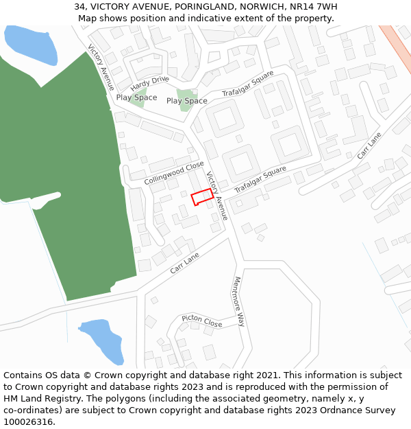 34, VICTORY AVENUE, PORINGLAND, NORWICH, NR14 7WH: Location map and indicative extent of plot