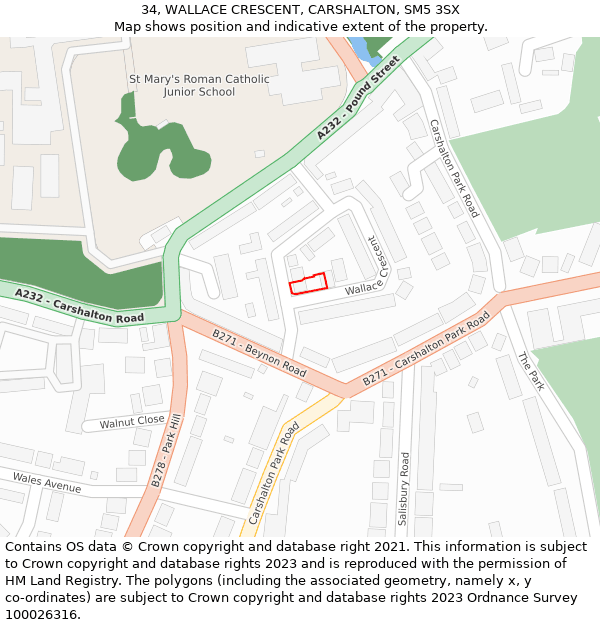 34, WALLACE CRESCENT, CARSHALTON, SM5 3SX: Location map and indicative extent of plot