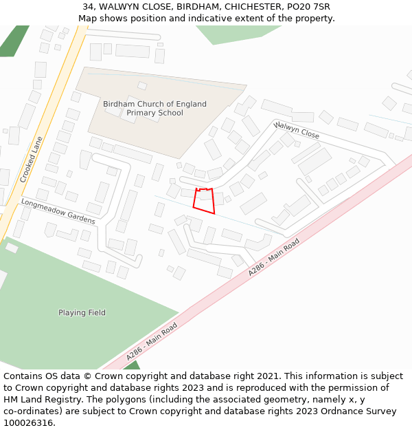 34, WALWYN CLOSE, BIRDHAM, CHICHESTER, PO20 7SR: Location map and indicative extent of plot