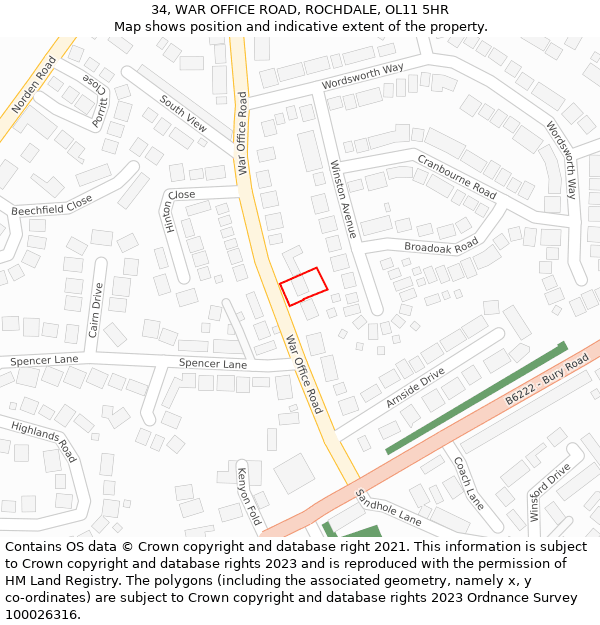 34, WAR OFFICE ROAD, ROCHDALE, OL11 5HR: Location map and indicative extent of plot