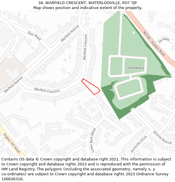 34, WARFIELD CRESCENT, WATERLOOVILLE, PO7 7JP: Location map and indicative extent of plot