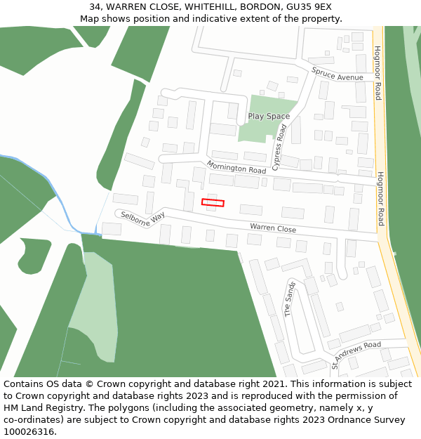 34, WARREN CLOSE, WHITEHILL, BORDON, GU35 9EX: Location map and indicative extent of plot