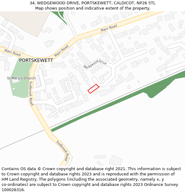 34, WEDGEWOOD DRIVE, PORTSKEWETT, CALDICOT, NP26 5TL: Location map and indicative extent of plot