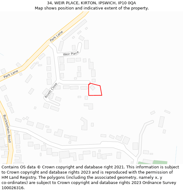 34, WEIR PLACE, KIRTON, IPSWICH, IP10 0QA: Location map and indicative extent of plot