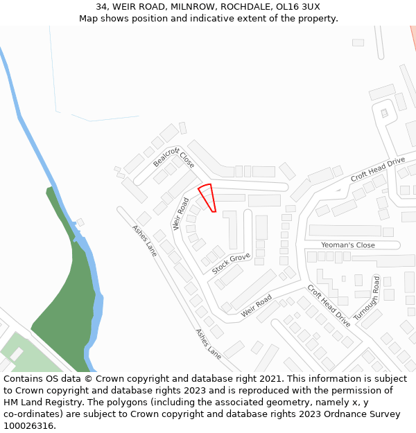 34, WEIR ROAD, MILNROW, ROCHDALE, OL16 3UX: Location map and indicative extent of plot