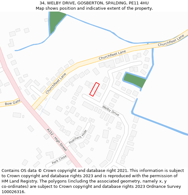 34, WELBY DRIVE, GOSBERTON, SPALDING, PE11 4HU: Location map and indicative extent of plot