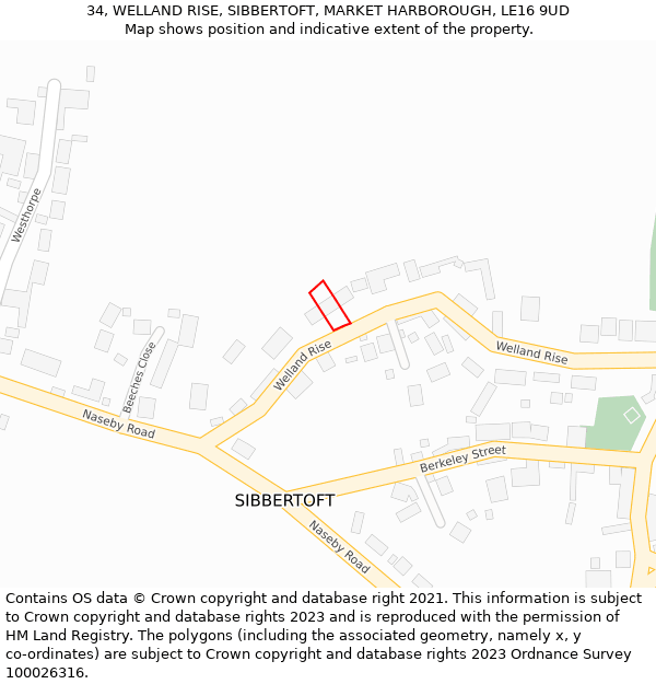 34, WELLAND RISE, SIBBERTOFT, MARKET HARBOROUGH, LE16 9UD: Location map and indicative extent of plot