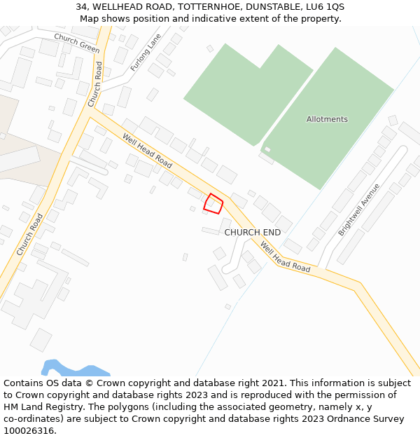 34, WELLHEAD ROAD, TOTTERNHOE, DUNSTABLE, LU6 1QS: Location map and indicative extent of plot