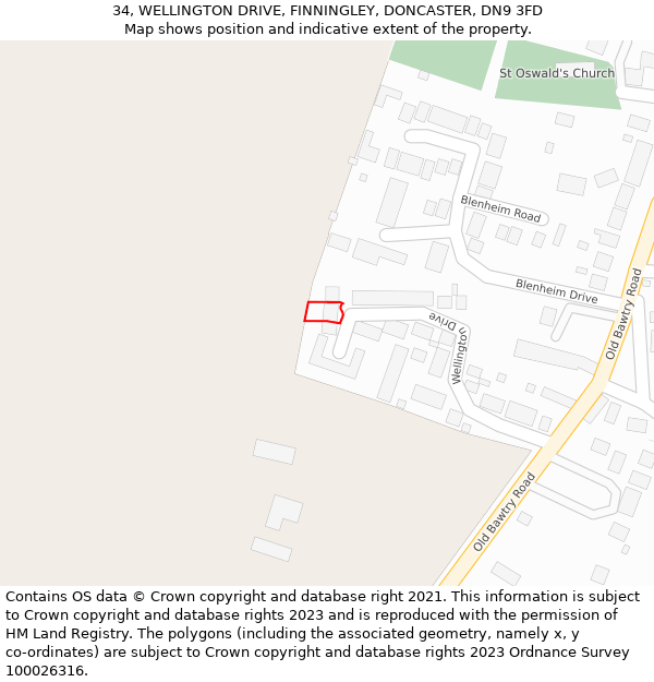 34, WELLINGTON DRIVE, FINNINGLEY, DONCASTER, DN9 3FD: Location map and indicative extent of plot