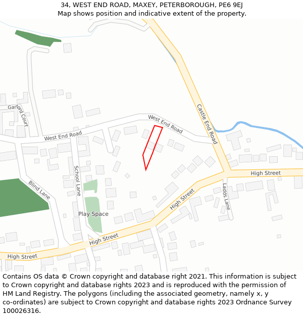 34, WEST END ROAD, MAXEY, PETERBOROUGH, PE6 9EJ: Location map and indicative extent of plot