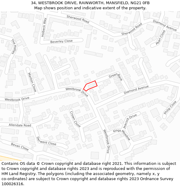 34, WESTBROOK DRIVE, RAINWORTH, MANSFIELD, NG21 0FB: Location map and indicative extent of plot