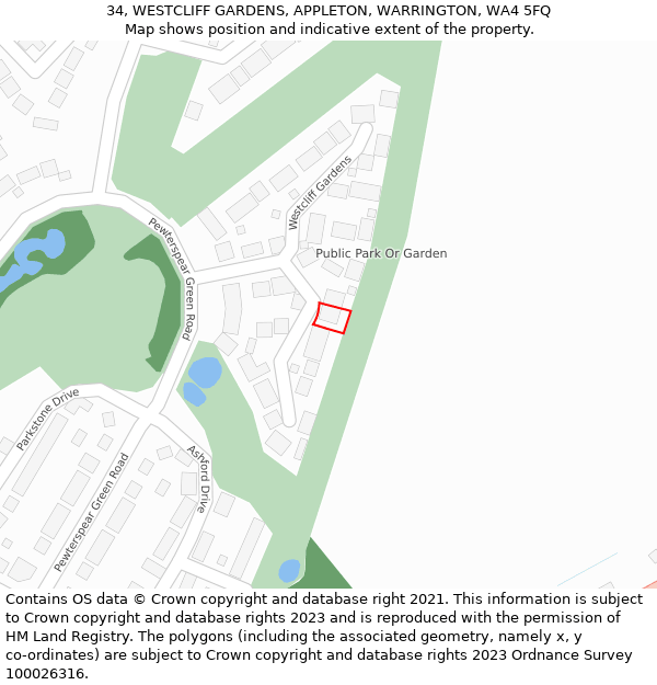 34, WESTCLIFF GARDENS, APPLETON, WARRINGTON, WA4 5FQ: Location map and indicative extent of plot