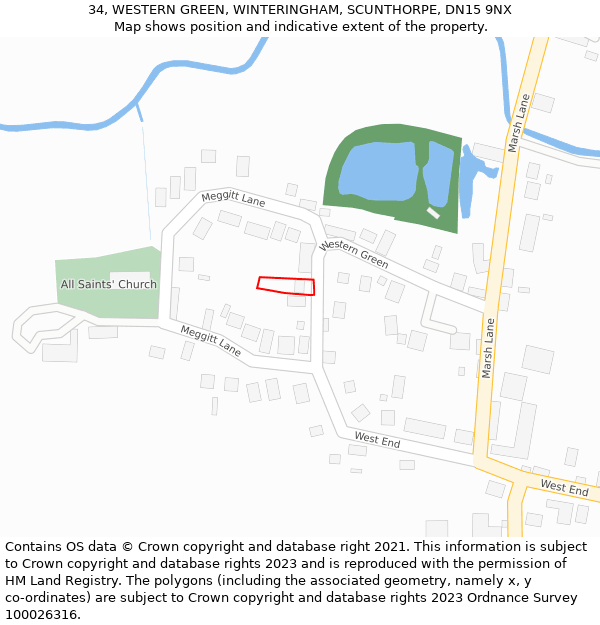 34, WESTERN GREEN, WINTERINGHAM, SCUNTHORPE, DN15 9NX: Location map and indicative extent of plot