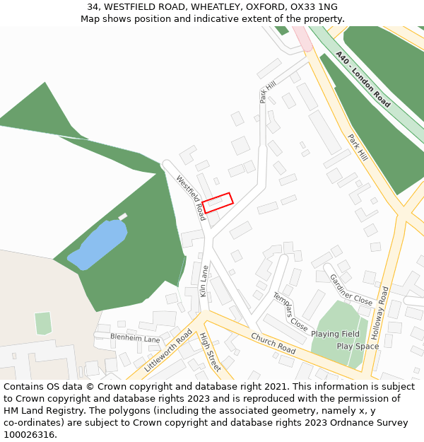 34, WESTFIELD ROAD, WHEATLEY, OXFORD, OX33 1NG: Location map and indicative extent of plot