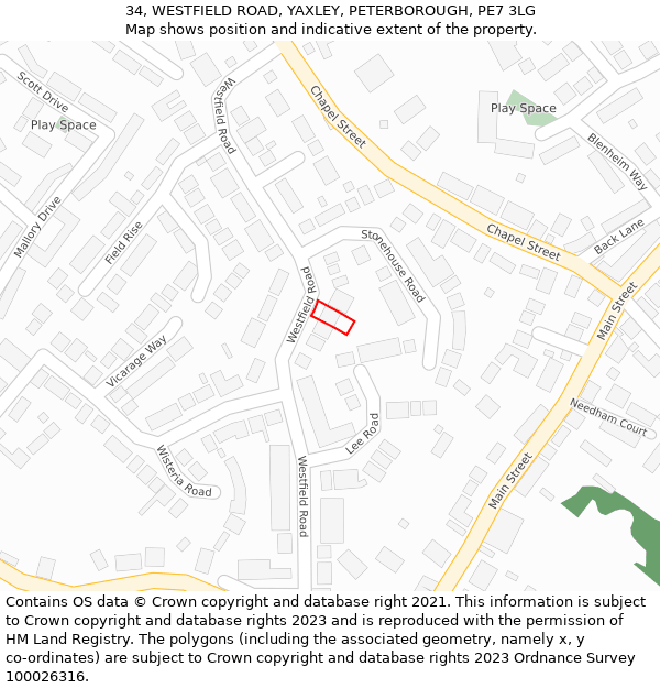 34, WESTFIELD ROAD, YAXLEY, PETERBOROUGH, PE7 3LG: Location map and indicative extent of plot