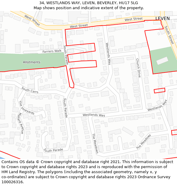 34, WESTLANDS WAY, LEVEN, BEVERLEY, HU17 5LG: Location map and indicative extent of plot