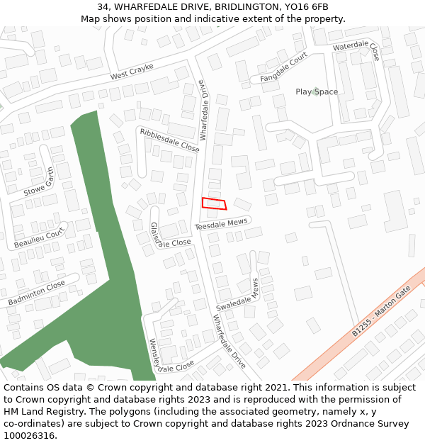 34, WHARFEDALE DRIVE, BRIDLINGTON, YO16 6FB: Location map and indicative extent of plot