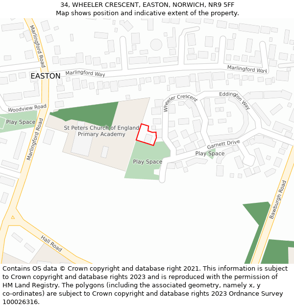 34, WHEELER CRESCENT, EASTON, NORWICH, NR9 5FF: Location map and indicative extent of plot