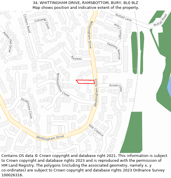 34, WHITTINGHAM DRIVE, RAMSBOTTOM, BURY, BL0 9LZ: Location map and indicative extent of plot