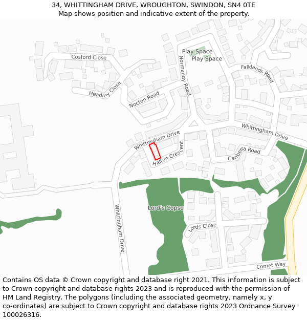 34, WHITTINGHAM DRIVE, WROUGHTON, SWINDON, SN4 0TE: Location map and indicative extent of plot