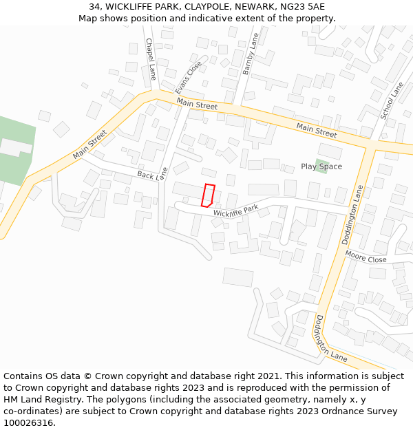 34, WICKLIFFE PARK, CLAYPOLE, NEWARK, NG23 5AE: Location map and indicative extent of plot