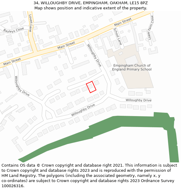 34, WILLOUGHBY DRIVE, EMPINGHAM, OAKHAM, LE15 8PZ: Location map and indicative extent of plot
