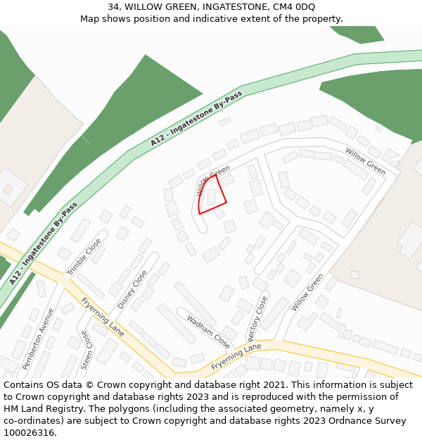 34, WILLOW GREEN, INGATESTONE, CM4 0DQ: Location map and indicative extent of plot