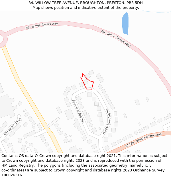 34, WILLOW TREE AVENUE, BROUGHTON, PRESTON, PR3 5DH: Location map and indicative extent of plot