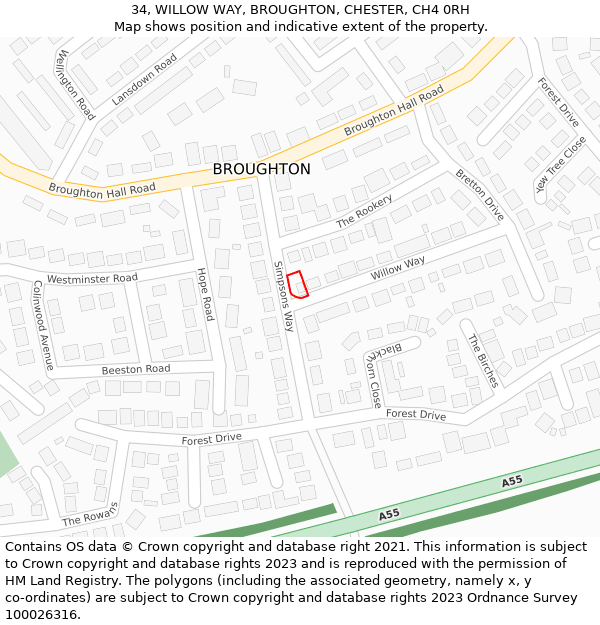 34, WILLOW WAY, BROUGHTON, CHESTER, CH4 0RH: Location map and indicative extent of plot