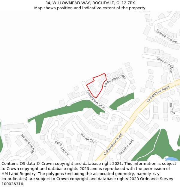 34, WILLOWMEAD WAY, ROCHDALE, OL12 7PX: Location map and indicative extent of plot