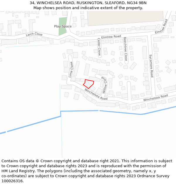 34, WINCHELSEA ROAD, RUSKINGTON, SLEAFORD, NG34 9BN: Location map and indicative extent of plot