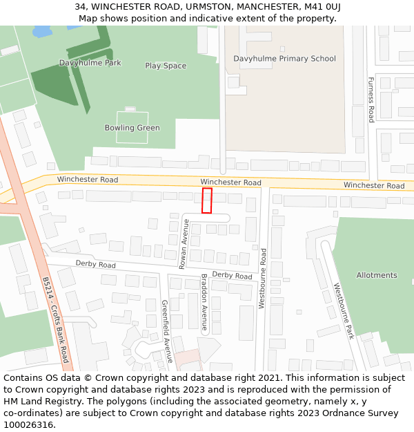 34, WINCHESTER ROAD, URMSTON, MANCHESTER, M41 0UJ: Location map and indicative extent of plot