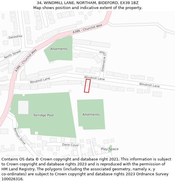 34, WINDMILL LANE, NORTHAM, BIDEFORD, EX39 1BZ: Location map and indicative extent of plot