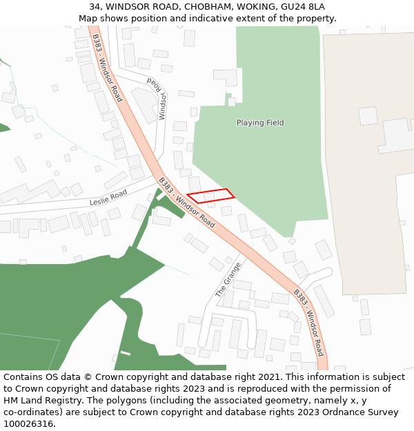 34, WINDSOR ROAD, CHOBHAM, WOKING, GU24 8LA: Location map and indicative extent of plot