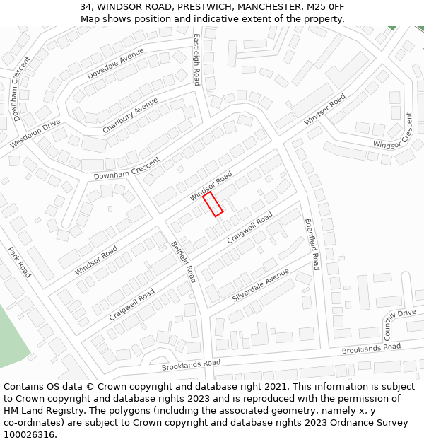 34, WINDSOR ROAD, PRESTWICH, MANCHESTER, M25 0FF: Location map and indicative extent of plot