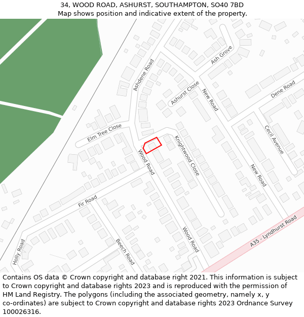 34, WOOD ROAD, ASHURST, SOUTHAMPTON, SO40 7BD: Location map and indicative extent of plot