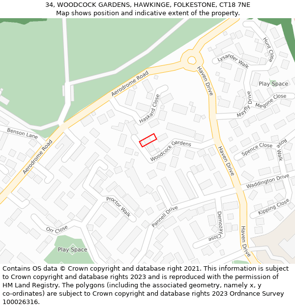 34, WOODCOCK GARDENS, HAWKINGE, FOLKESTONE, CT18 7NE: Location map and indicative extent of plot