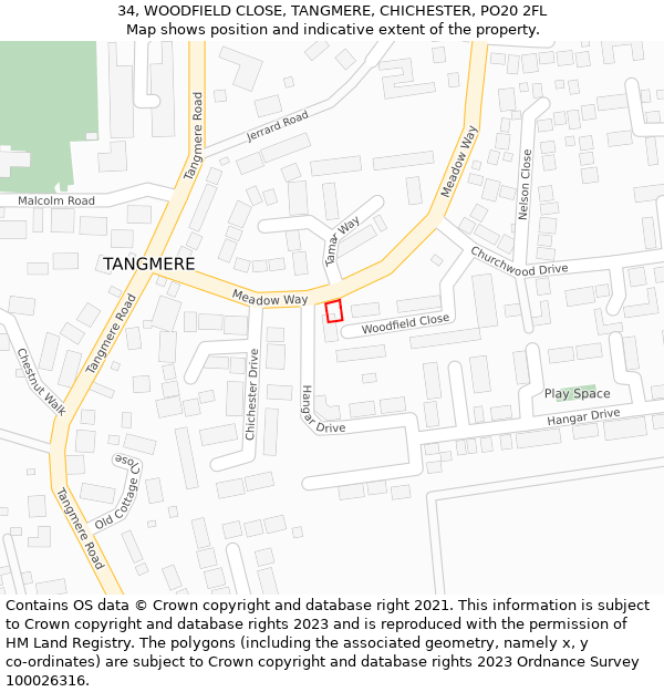 34, WOODFIELD CLOSE, TANGMERE, CHICHESTER, PO20 2FL: Location map and indicative extent of plot