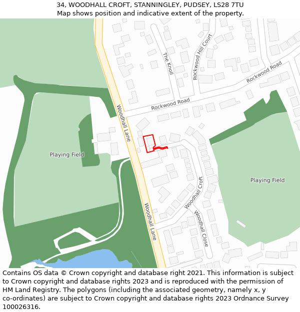 34, WOODHALL CROFT, STANNINGLEY, PUDSEY, LS28 7TU: Location map and indicative extent of plot