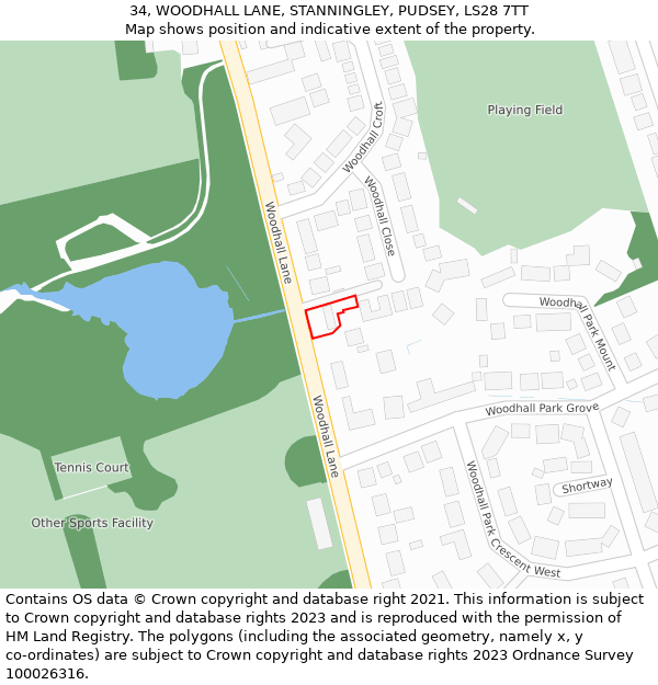 34, WOODHALL LANE, STANNINGLEY, PUDSEY, LS28 7TT: Location map and indicative extent of plot