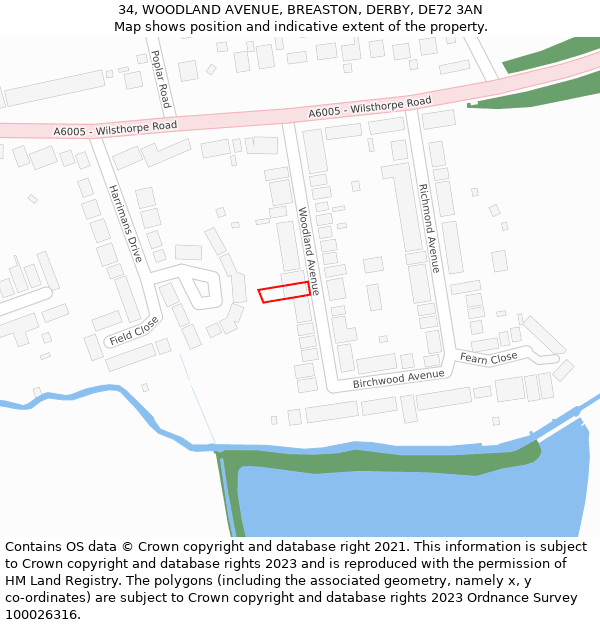 34, WOODLAND AVENUE, BREASTON, DERBY, DE72 3AN: Location map and indicative extent of plot