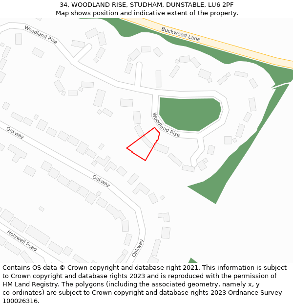 34, WOODLAND RISE, STUDHAM, DUNSTABLE, LU6 2PF: Location map and indicative extent of plot