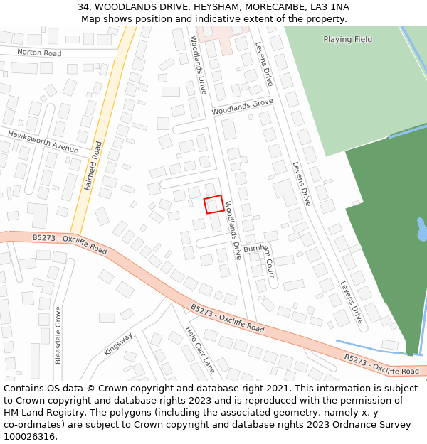 34, WOODLANDS DRIVE, HEYSHAM, MORECAMBE, LA3 1NA: Location map and indicative extent of plot