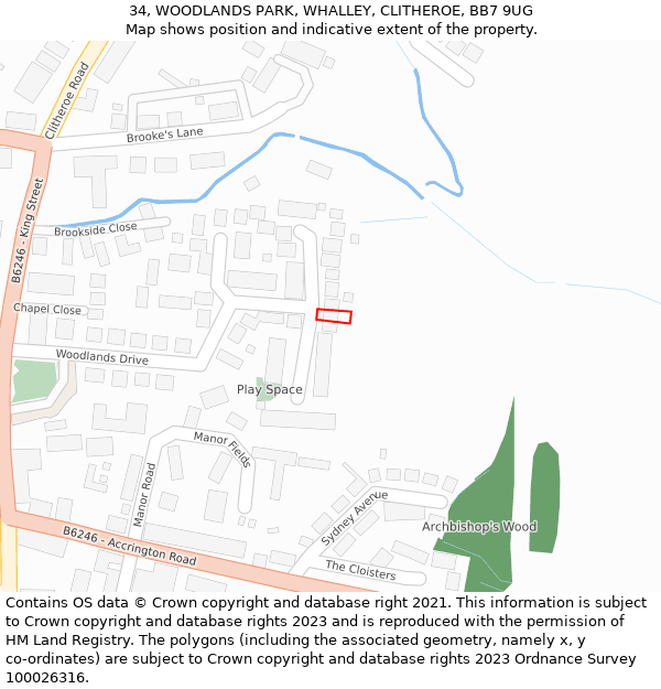 34, WOODLANDS PARK, WHALLEY, CLITHEROE, BB7 9UG: Location map and indicative extent of plot