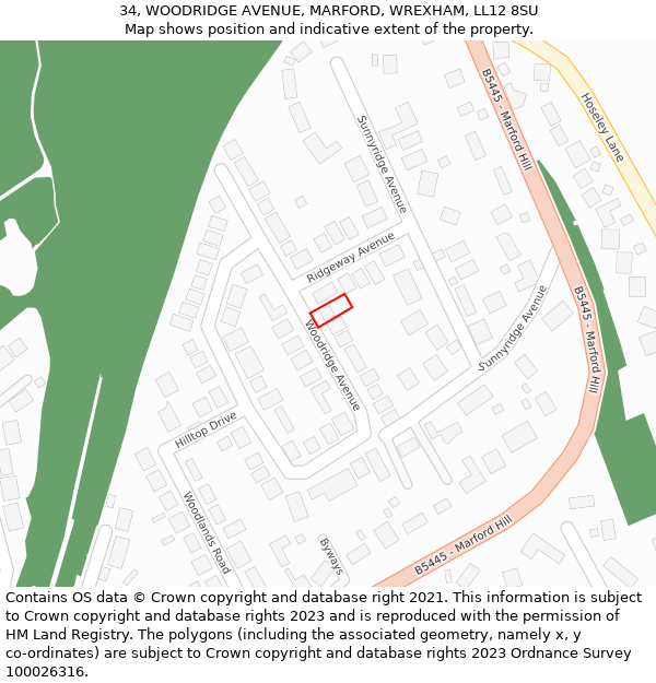 34, WOODRIDGE AVENUE, MARFORD, WREXHAM, LL12 8SU: Location map and indicative extent of plot