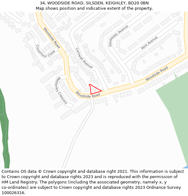 34, WOODSIDE ROAD, SILSDEN, KEIGHLEY, BD20 0BN: Location map and indicative extent of plot